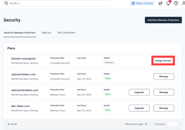 Bluehost Portal - Security tab - Complete Security - Assign Domain